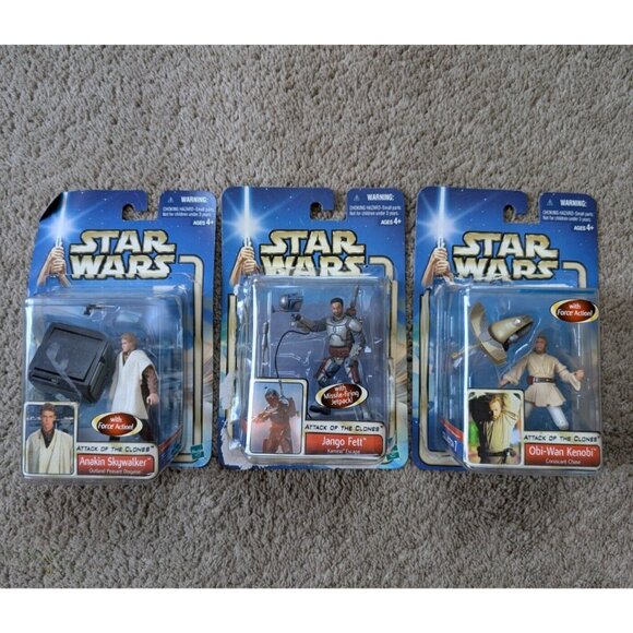 Vintage Star Wars Clone Wars Action Figures Jango Fett Obi Wan Anakin in Box - Picture 1 of 9